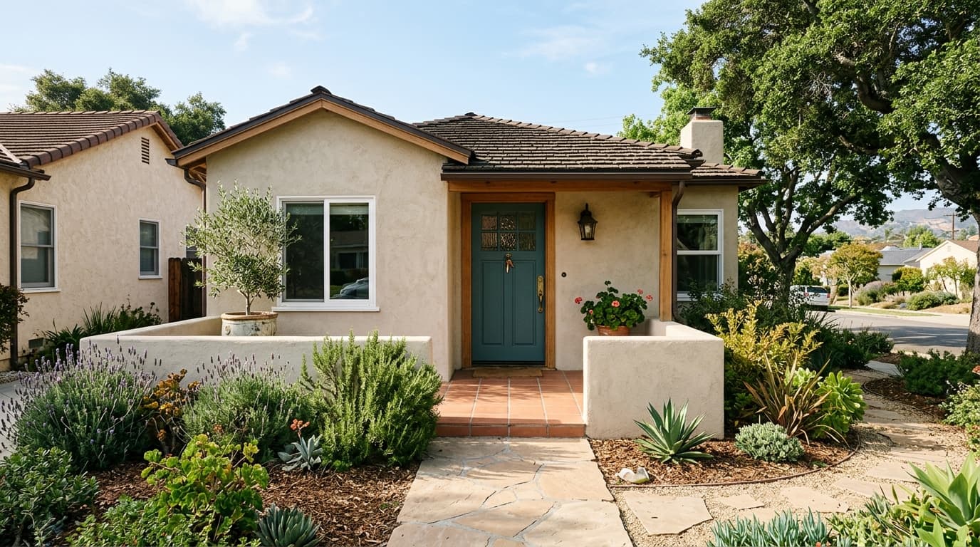 Front door of a modest California home with a set of house keys resting on the doorknob