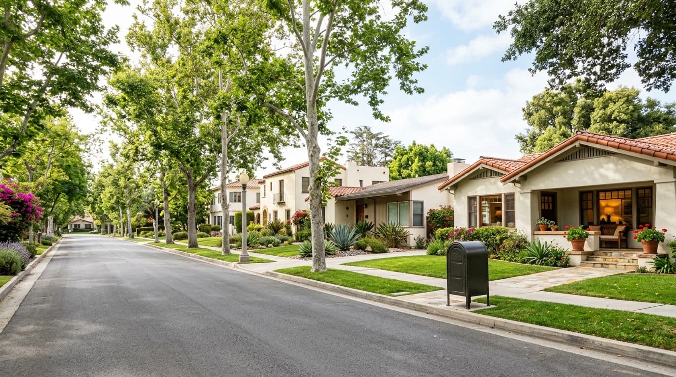 Quiet California street with a row of single-family homes, mature trees and a mailbox