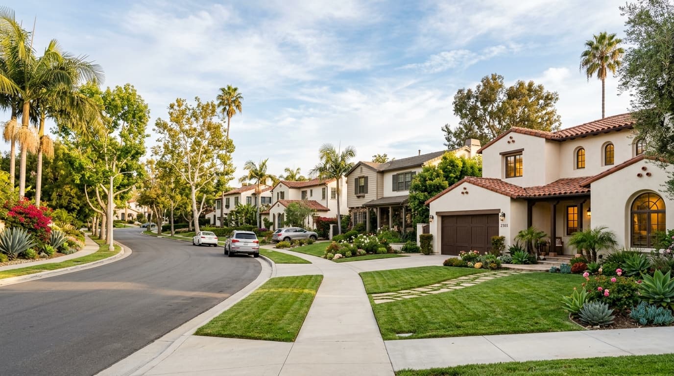Sunlit California suburban street with single-family homes and tidy front lawns