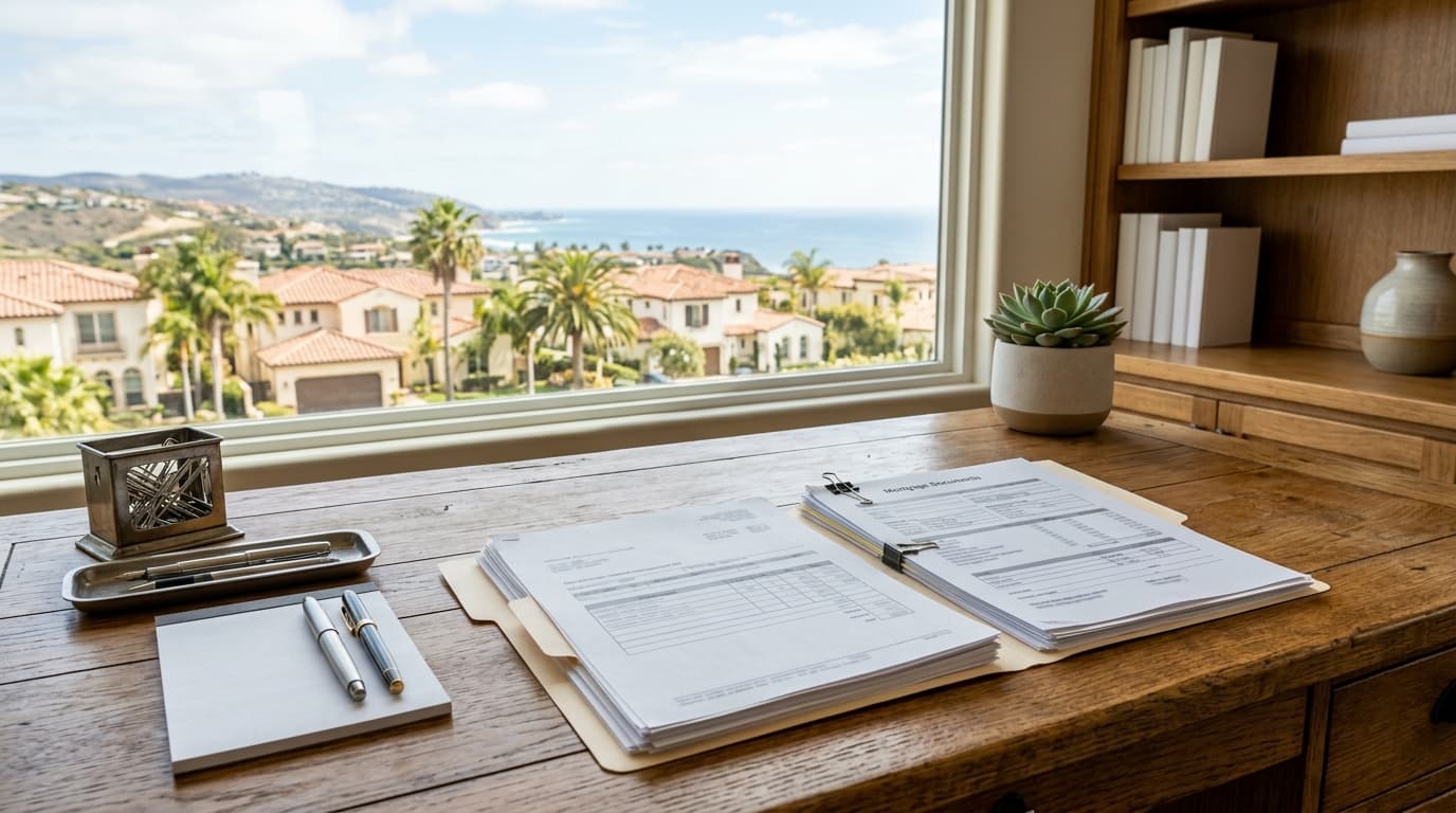 Neatly organized folder of mortgage paperwork, pay stubs and bank statements on a wooden desk