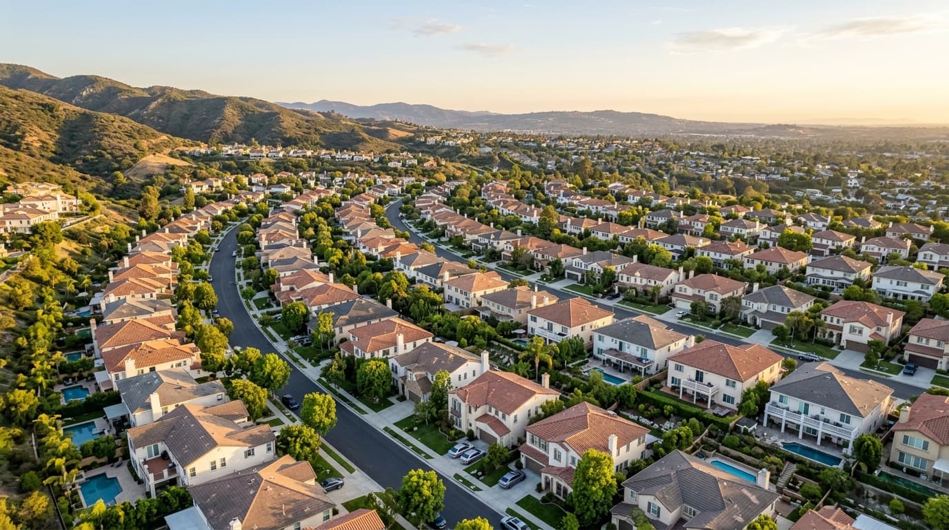 Aerial view of a California residential neighborhood with rows of single-family homes