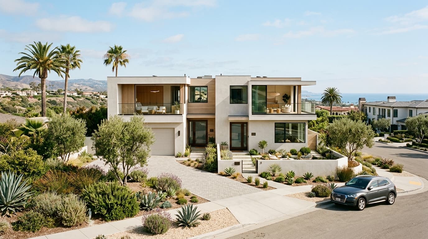 Modern California duplex with two front doors and a small shared driveway on a sunny day