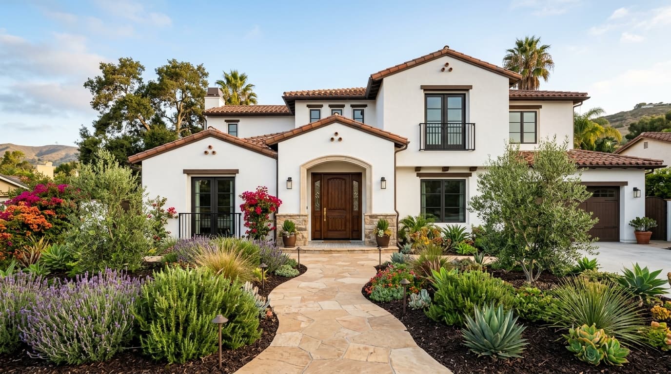 Freshly painted home exterior with a new front door and landscaped entry walkway
