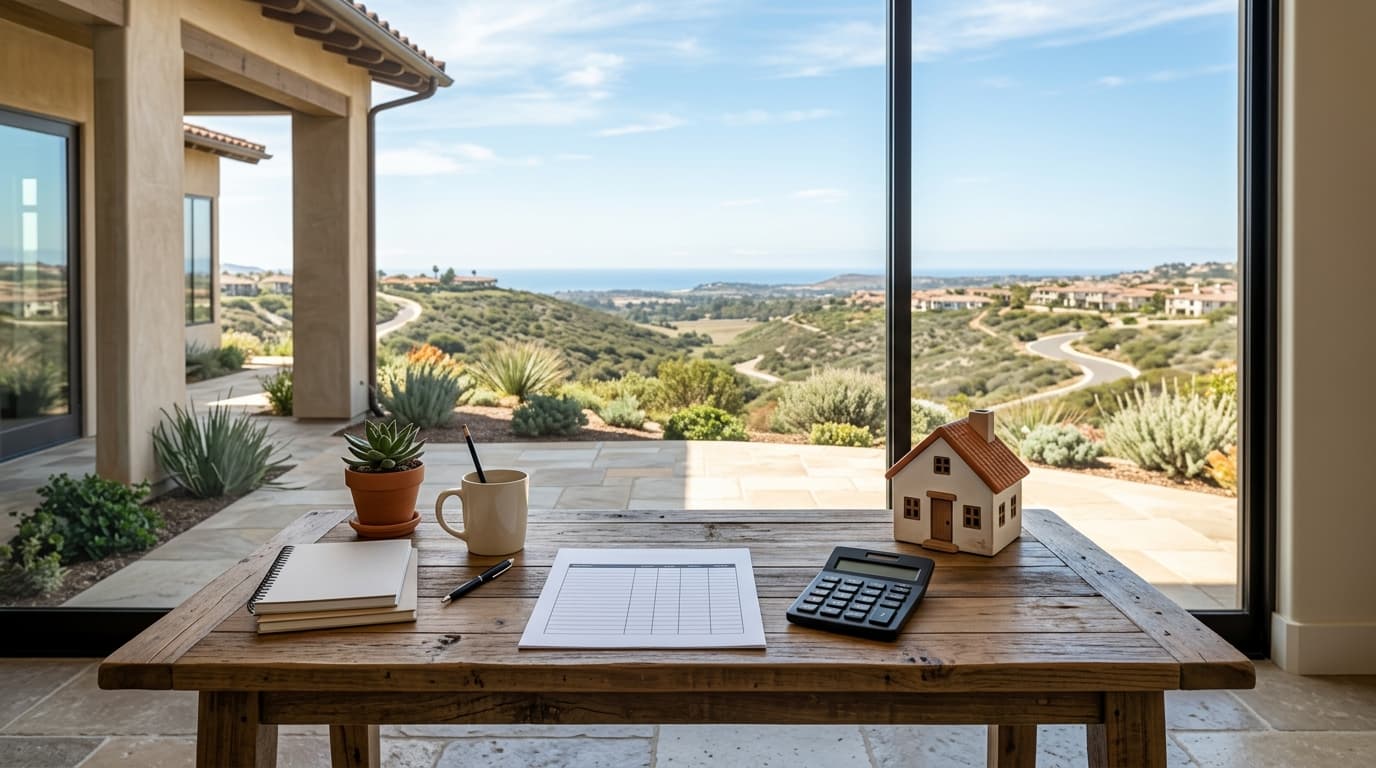 Desk with a printed rate sheet, calculator and a small model house